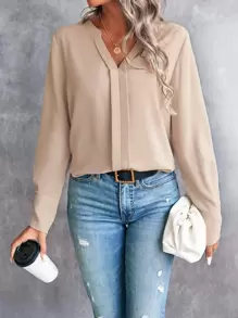 SHEIN LUNE Solid Notched Neck Shirt - Khaki - View 3