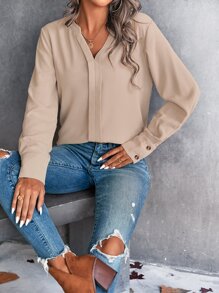 SHEIN LUNE Solid Notched Neck Shirt - Khaki - View 4