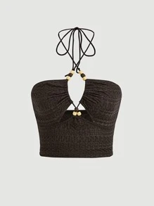 SHEIN MOD Bead Detail Tie Backless Halter Top - Chocolate Brown - View 1