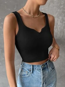 SHEIN Essnce Notched Detail Crop Tank Knit Top - Black - View 3
