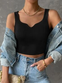 SHEIN Essnce Notched Detail Crop Tank Knit Top - Black - View 4