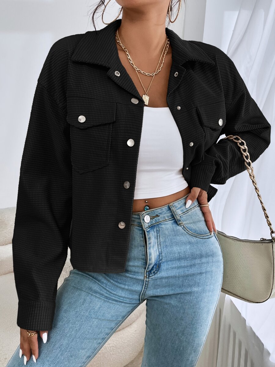 SHEIN EZwear Drop Shoulder Flap Pocket Jacket In Fall/Winter - Black - View 1