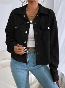 SHEIN EZwear Drop Shoulder Flap Pocket Jacket In Fall/Winter - Black - View 3