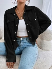 SHEIN EZwear Drop Shoulder Flap Pocket Jacket In Fall/Winter - Black - View 4