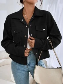 SHEIN EZwear Drop Shoulder Flap Pocket Jacket In Fall/Winter - Black - View 6