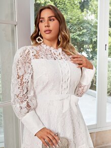 Simplee Vestido de cuello alto con nudo lateral con encaje - Blanco - Ver 4