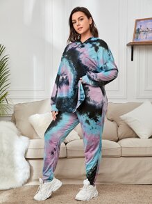 SHEIN LUNE 大碼紮染落肩袖連帽衫和運動褲 - 彩色 - 查看 1