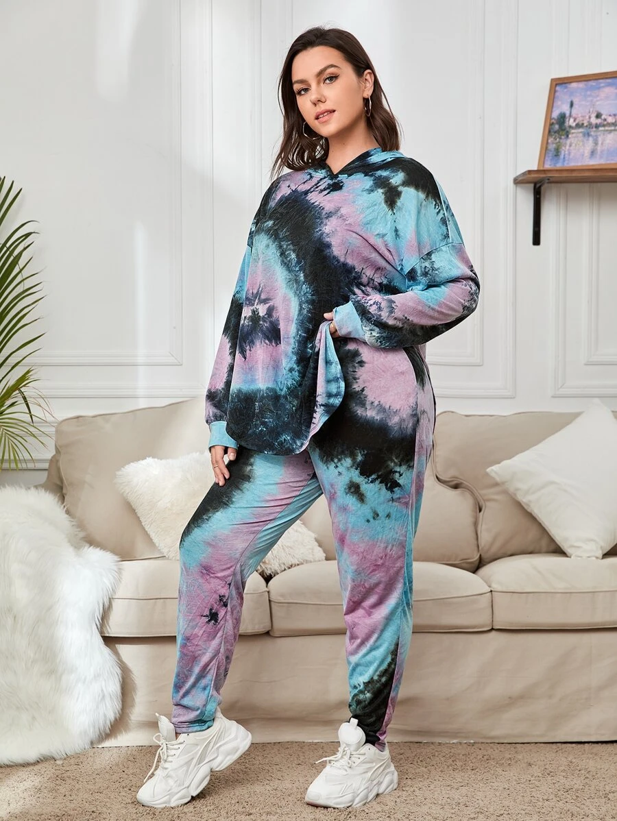 SHEIN LUNE 大碼紮染落肩袖連帽衫和運動褲 - 彩色 - 查看 1