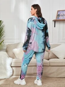 SHEIN LUNE 大碼紮染落肩袖連帽衫和運動褲 - 彩色 - 查看 2