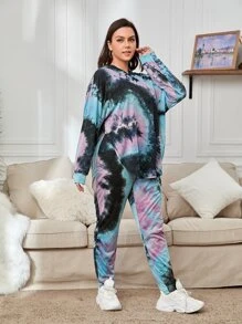 SHEIN LUNE 大碼紮染落肩袖連帽衫和運動褲 - 彩色 - 查看 4