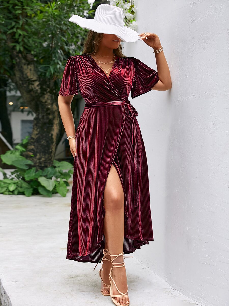 Simplee Plus Flutter Sleeve Overlap Collar Wrap Hem Belted Velvet Dress - Burgundy - View 1