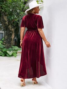 Simplee Plus Flutter Sleeve Overlap Collar Wrap Hem Belted Velvet Dress - Burgundy - View 2