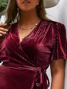 Simplee Plus Flutter Sleeve Overlap Collar Wrap Hem Belted Velvet Dress - Burgundy - View 3
