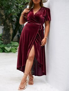 Simplee Plus Flutter Sleeve Overlap Collar Wrap Hem Belted Velvet Dress - Burgundy - View 4