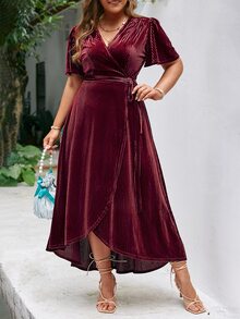Simplee Plus Flutter Sleeve Overlap Collar Wrap Hem Belted Velvet Dress - Burgundy - View 7