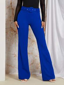 SHEIN Privé Solid Flare Leg Belted Pants - Royal Blue - View 1