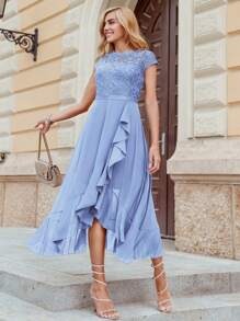 MIUSOL Vestido de fiesta formal con volantes en gasa y encaje floral en contraste