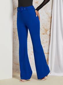 SHEIN Privé Solid Flare Leg Belted Pants - Royal Blue - View 3