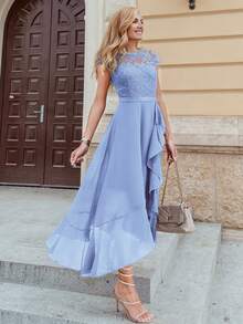 MIUSOL Vestido de fiesta formal con volantes en gasa y encaje floral en contraste