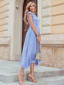 MIUSOL Vestido de fiesta formal con volantes en gasa y encaje floral en contraste