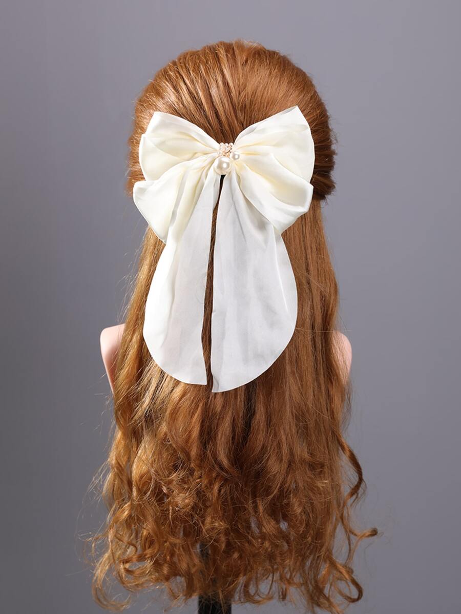 Kẹp tóc giả ngọc trai & nơ trang trí - Màu be - Xem 1