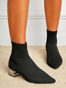 Point Toe Chunky Heeled Sock Boots - Black - View 1