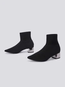 Point Toe Chunky Heeled Sock Boots - Black - View 2