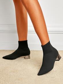 Point Toe Chunky Heeled Sock Boots - Black - View 3