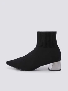 Point Toe Chunky Heeled Sock Boots - Black - View 4