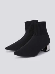 Point Toe Chunky Heeled Sock Boots - Black - View 5