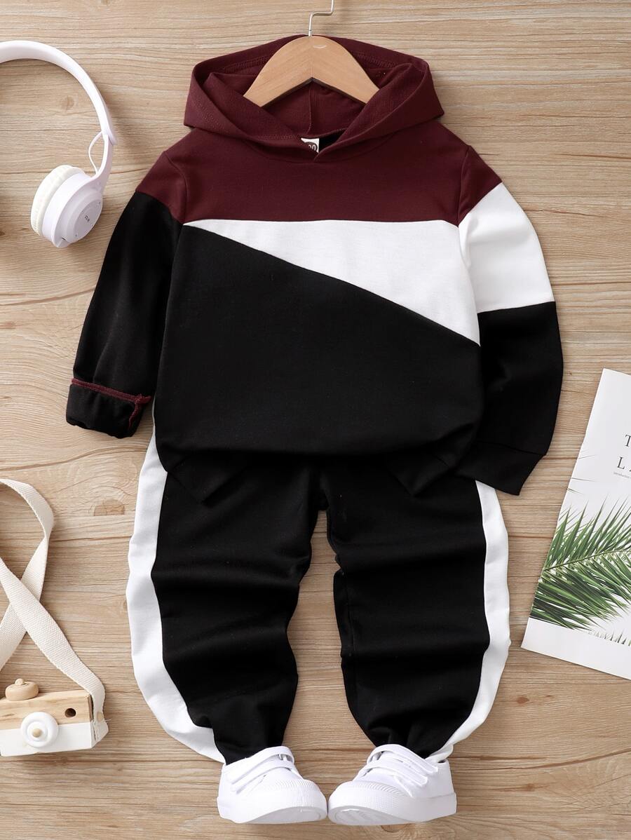 SHEIN Toddler Boys Colour Block Hoodie & Joggers - Multicolor - View 1