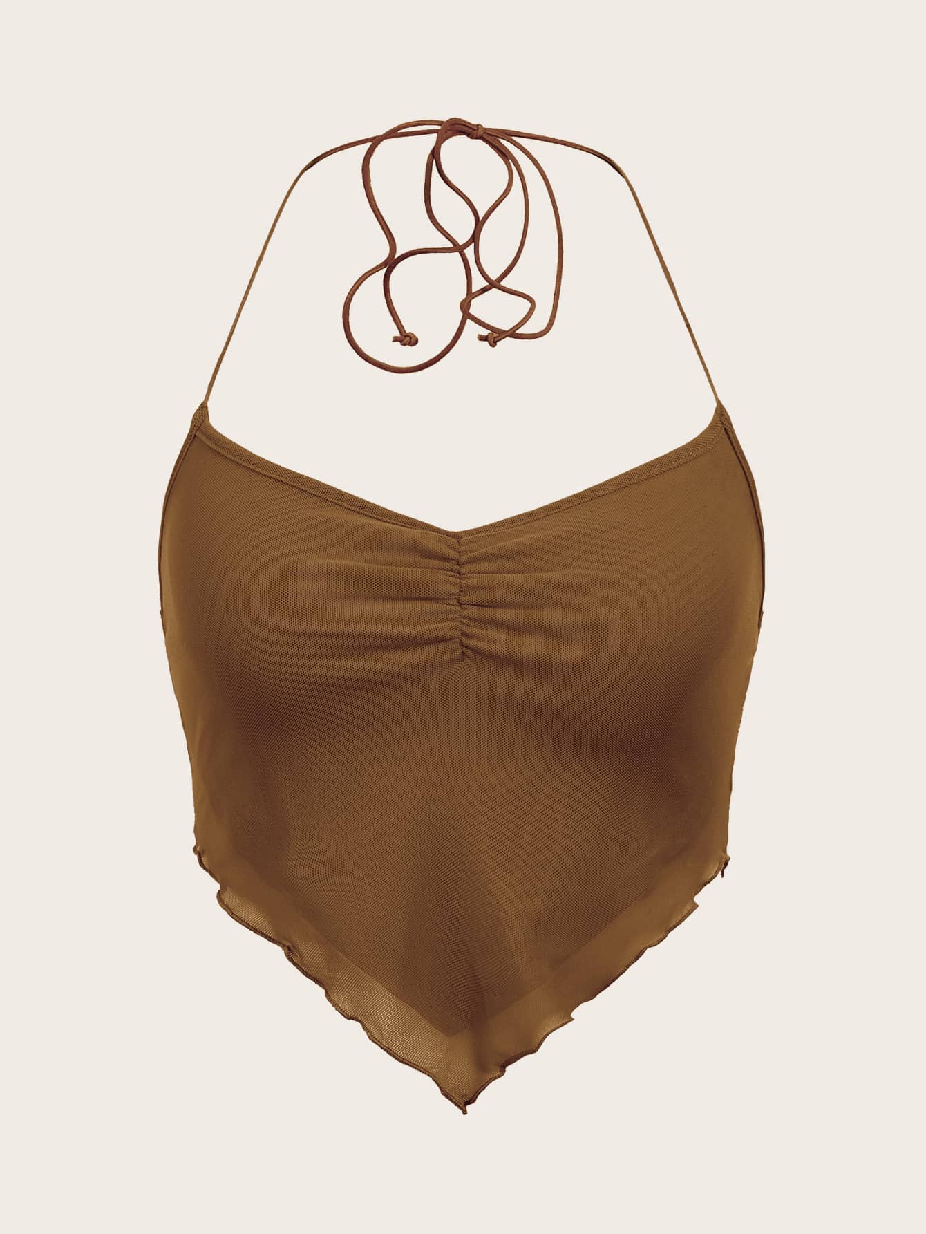 SHEIN ICON 褶邊後背繫帶手帕下擺網紗掛脖上衣 - 摩卡棕 - 查看 1