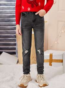 SHEIN Niños Jeans cónicos desgarro efecto bigote - Negro - Ver 1