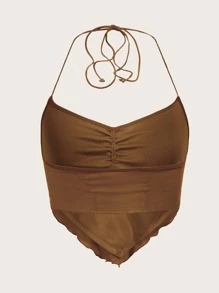 SHEIN ICON 褶邊後背繫帶手帕下擺網紗掛脖上衣 - 摩卡棕 - 查看 2