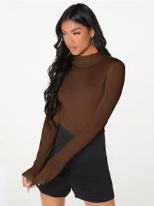 SHEIN BAE 高領合身緊身衣 - 巧克力棕 - 查看 5