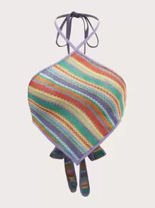 SHEIN ICON 繞頸條紋圖案後背繫帶短款上衣 - 彩色 - 查看 1