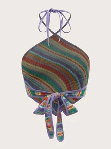 SHEIN ICON 繞頸條紋圖案後背繫帶短款上衣 - 彩色 - 查看 2