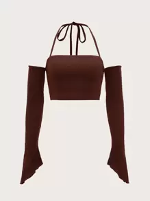 SHEIN ICON 後綁帶一字肩木耳邊上衣 - 咖啡棕 - 查看 1