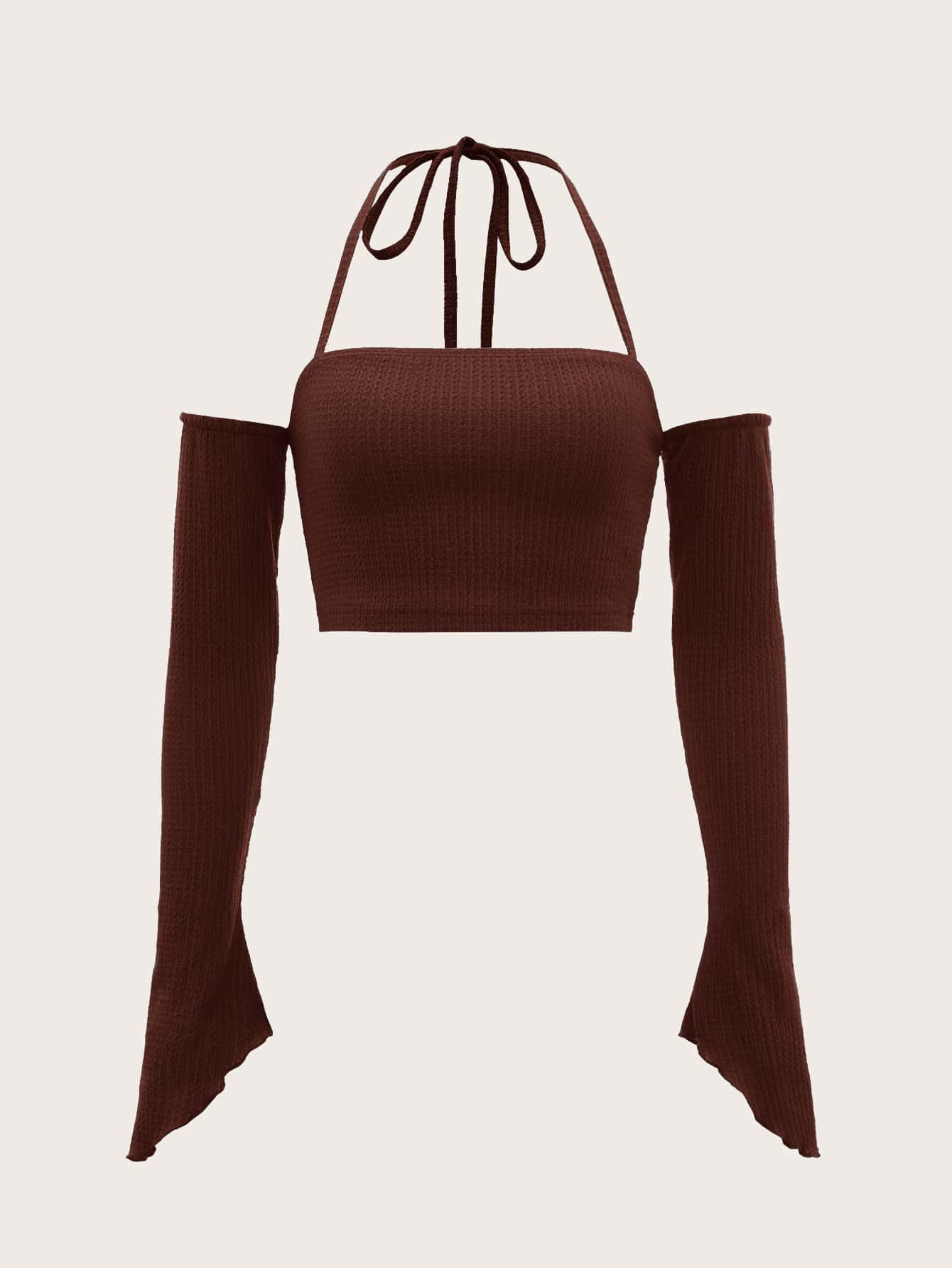 SHEIN ICON 後綁帶一字肩木耳邊上衣 - 咖啡棕 - 查看 1