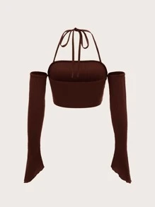 SHEIN ICON 後綁帶一字肩木耳邊上衣 - 咖啡棕 - 查看 2