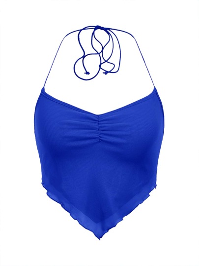 SHEIN ICON Ruched Tie Backless Hanky Hem Mesh Halter Top