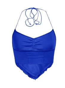 SHEIN ICON Ruched Tie Backless Hanky Hem Mesh Halter Top - Royal Blue - View 2