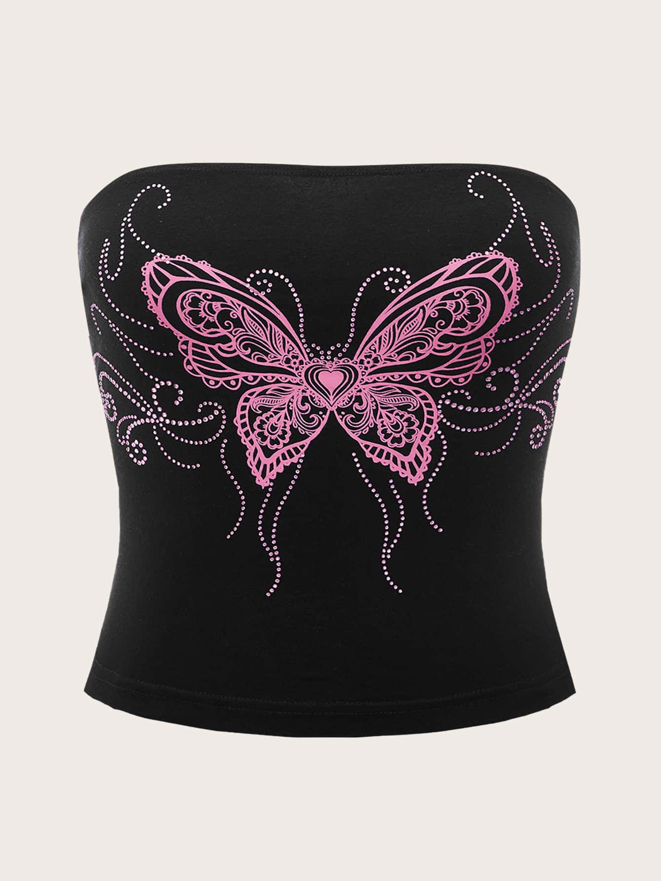 SHEIN ICON Top De Tubo Y2k Con Estampado De Mariposas De Los 90 Y Pedrería - Negro - Ver 1
