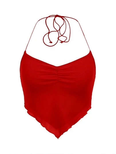 SHEIN ICON 褶邊後背繫帶手帕下擺網紗掛脖上衣