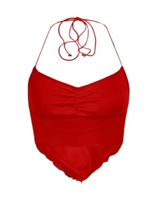 SHEIN ICON Ruched Tie Backless Hanky Hem Mesh Halter Top - Red - View 2