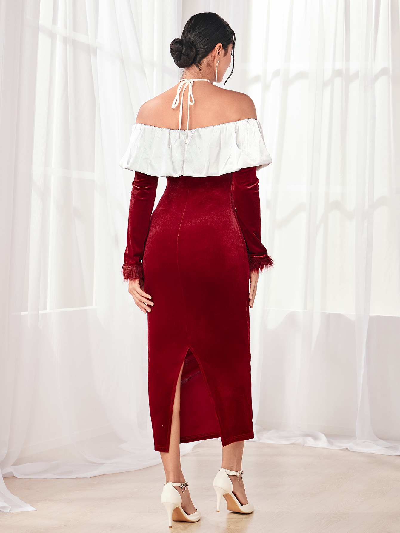 SHEIN Modely Criss Cross Colorblock Ruffle Fuzzy Trim Velvet Dress SHEIN USA