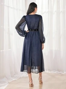 Modelyn A-Line Lantern Sleeve Mesh Dress With Belt - Navy Blue - View 2