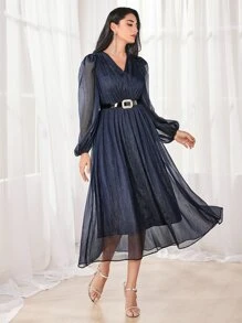 Modelyn A-Line Lantern Sleeve Mesh Dress With Belt - Navy Blue - View 3