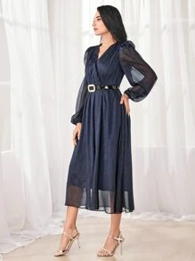 Modelyn A-Line Lantern Sleeve Mesh Dress With Belt - Navy Blue - View 4