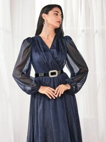 Modelyn A-Line Lantern Sleeve Mesh Dress With Belt - Navy Blue - View 5
